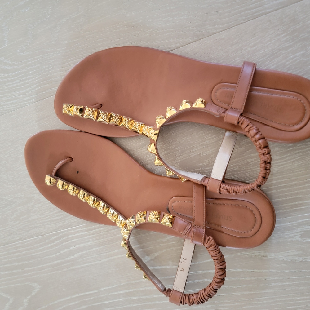 Stuart Weitzman Gold and Brown Sandals with Slingback Design